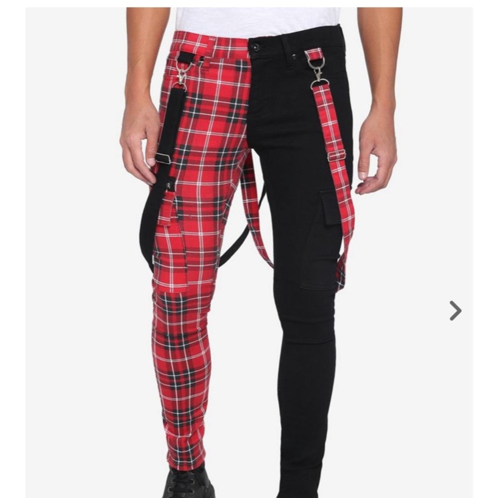Red Plaid Split Leg Suspender Stinger Jeans